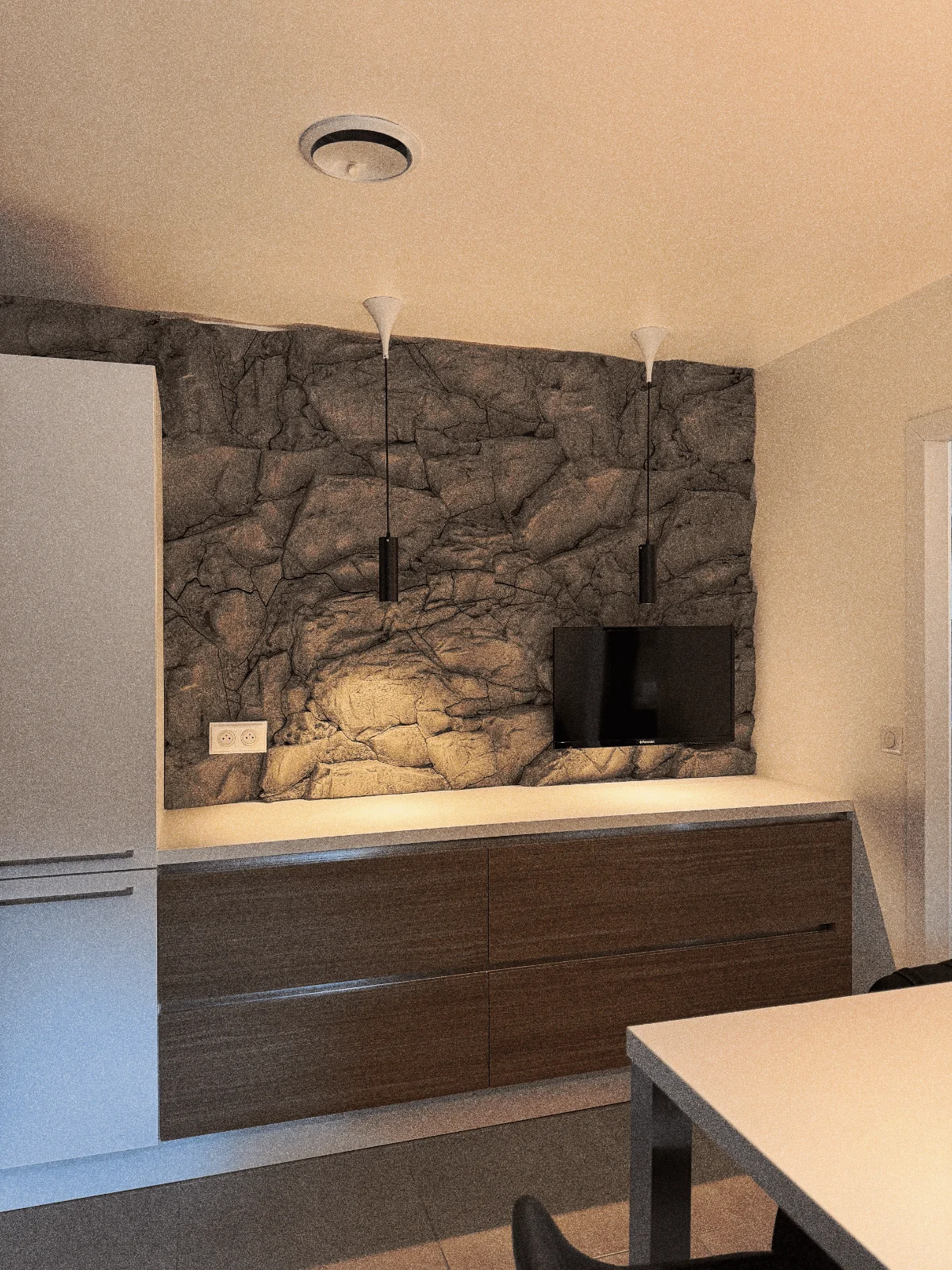 Cuisine avec un mur en pierre réalisé en panneaux Óros