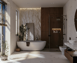 Salle de bain avec mur en pierre claire et baignoire îlot