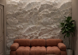 Mur en pierre claire texturée dans un salon, derrière un canapé terracotta