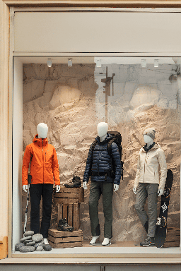Vitrine de magasin de prêt-à-porter avec mur en pierre claire en fond