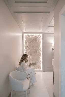 Espace spa avec mur en pierre claire et éclairage tamisé