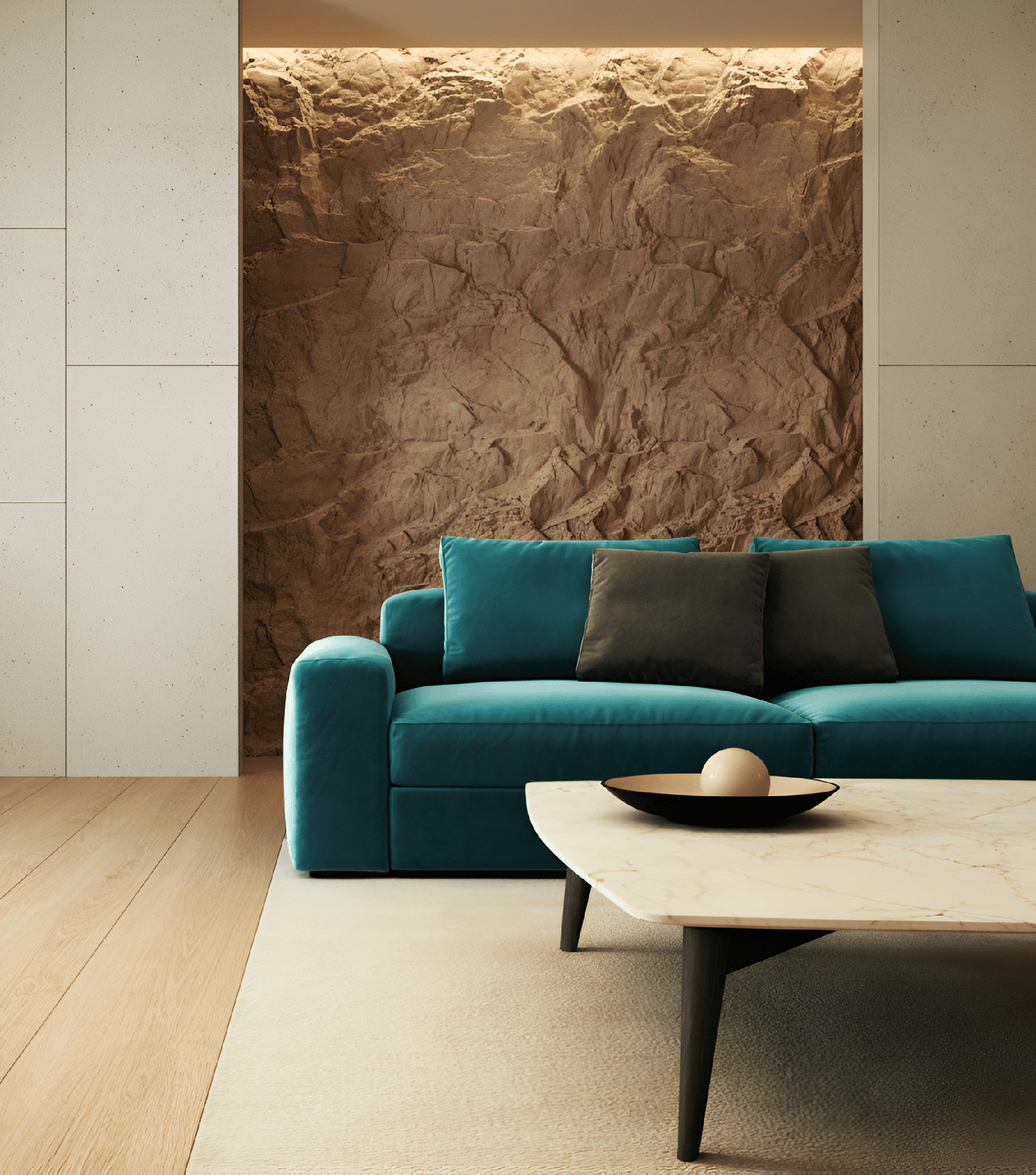 Relief du panneau Óros révélé par un éclairage rasant dans un salon