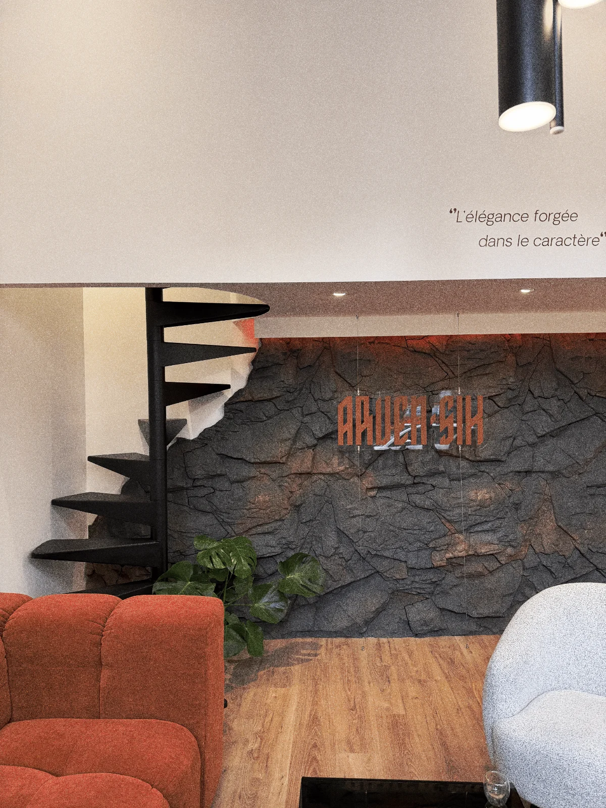 Salon avec un mur en pierre réalisé en panneaux Óros