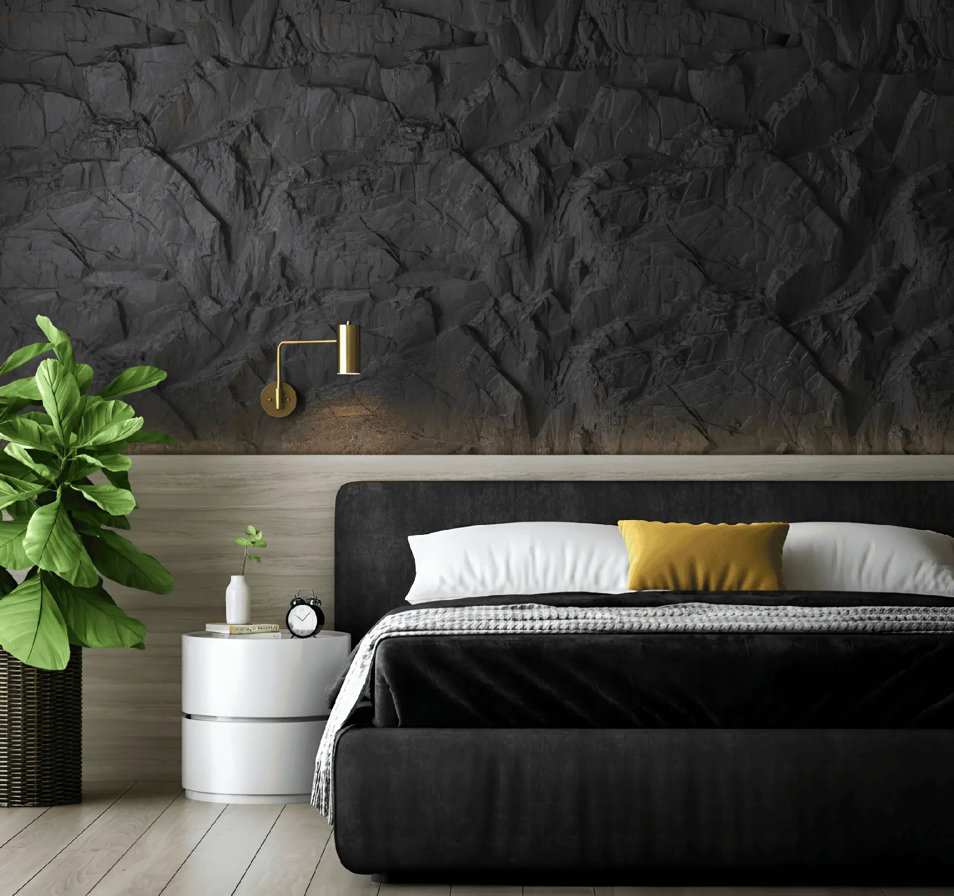 Mur en pierre d'une chambre éclairé par la lumière rasante du matin
