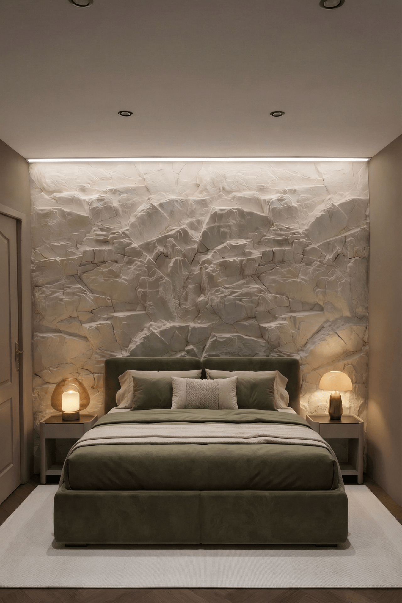 Suite parentale avec un pan de mur en panneaux effet roche