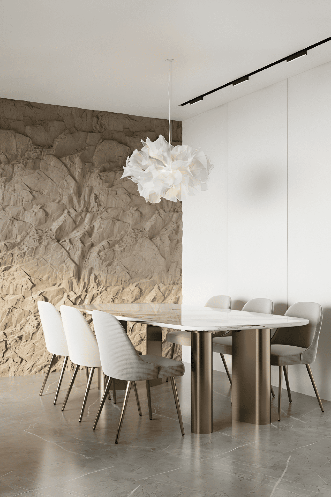 Mur derrière une table de salle à manger habillé en panneau effet pierre