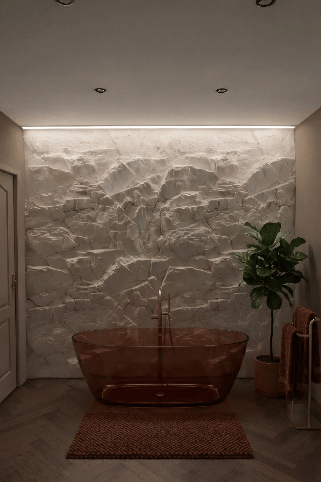 Salle de bain avec un mur en pierre réalisé en panneaux Óros